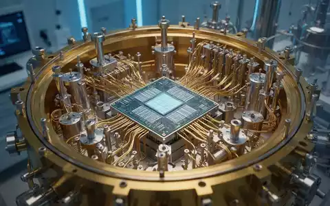 Ein hochmoderner Quantenprozessor in einem kryogenen Kühlbehälter, beleuchtet in einer technologischen Laborumgebung. - Foto: über boerse-global.de