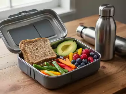 Eine offene Brotdose mit Vollkornbrot, frischem Gemüse, Obst und einer Trinkflasche auf einem Holztisch. - Foto: über boerse-global.de