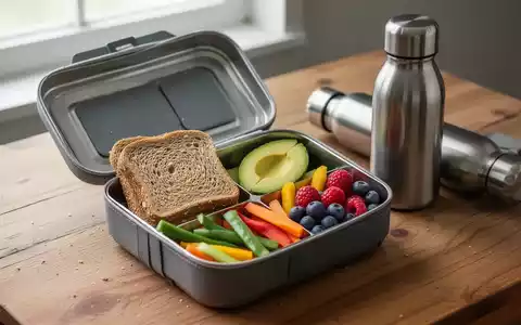Eine offene Brotdose mit Vollkornbrot, frischem GemĂŒse, Obst und einer Trinkflasche auf einem Holztisch. - Foto: ĂŒber boerse-global.de
