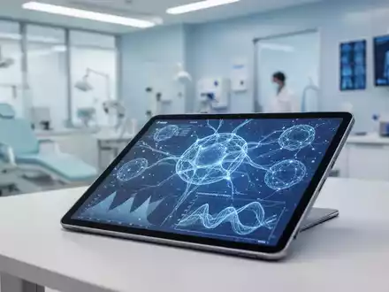 Modernes Tablet mit abstrakten Gesundheitsdaten und KI-Visualisierungen in einer medizinischen Praxis. - Foto: über boerse-global.de