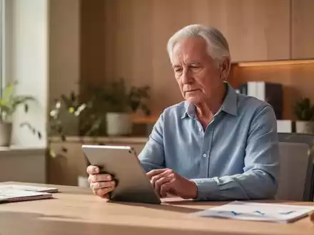 Eine Ă€ltere Person betrachtet nachdenklich ein Tablet in einem modernen, hellen BĂŒro als Symbol fĂŒr finanzielle StabilitĂ€t. - Foto: ĂŒber boerse-global.de