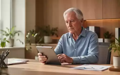 Eine ältere Person betrachtet nachdenklich ein Tablet in einem modernen, hellen Büro als Symbol für finanzielle Stabilität. - Foto: über boerse-global.de