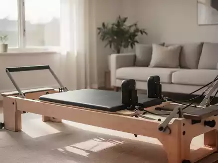 Ein kompaktes Pilates-Reformer-Board in einem hellen, modernen Wohnzimmer zur Veranschaulichung von Heimtraining. - Foto: über boerse-global.de