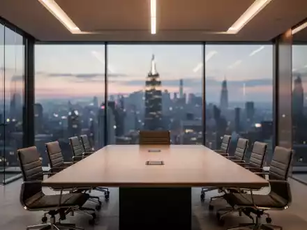Modernes, leeres Büro-Konferenzzimmer mit Blick auf eine Skyline bei Dämmerung. - Foto: über boerse-global.de