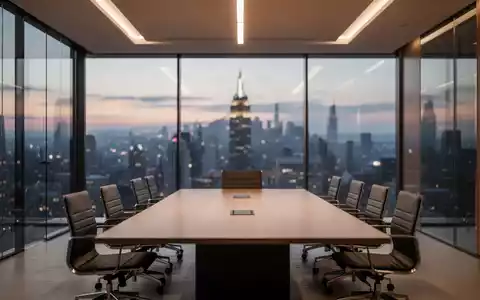 Modernes, leeres Büro-Konferenzzimmer mit Blick auf eine Skyline bei Dämmerung. - Foto: über boerse-global.de