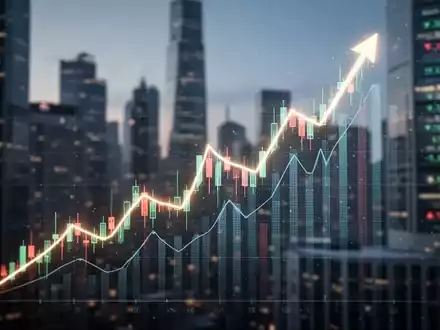 Digitaler Börsenchart mit einem steil ansteigenden Aktienkurs vor einem unscharfen Finanzdistrikt. - Foto: über boerse-global.de