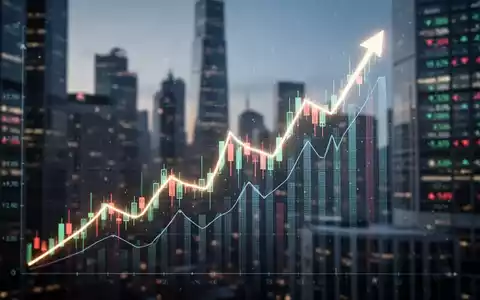 Digitaler Börsenchart mit einem steil ansteigenden Aktienkurs vor einem unscharfen Finanzdistrikt. - Foto: über boerse-global.de