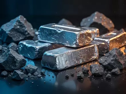 Rohe Wolfram-Barren und Erze auf einer dunklen, reflektierenden Oberfläche in einer industriellen Umgebung. - Foto: über boerse-global.de