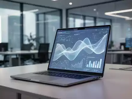 Moderner, sicherer Büroarbeitsplatz mit Laptop und Datenanzeige, symbolisiert professionelle KI-Compliance und Datensicherheit. - Foto: über boerse-global.de
