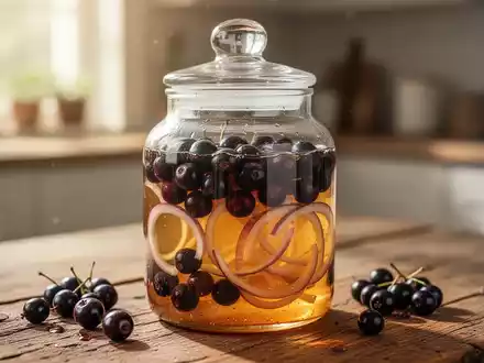 Ein Glasgefäß mit einer Mischung aus Honig, Essig, Aroniabeeren und Zwiebeln auf einem Holztisch zur Oxymel-Herstellung. - Foto: über boerse-global.de
