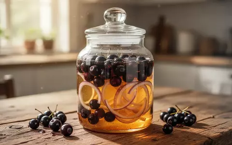 Ein Glasgefäß mit einer Mischung aus Honig, Essig, Aroniabeeren und Zwiebeln auf einem Holztisch zur Oxymel-Herstellung. - Foto: über boerse-global.de