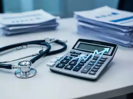 Ein Schreibtisch mit Stethoskop, Taschenrechner und Finanzunterlagen zur Visualisierung steigender Verwaltungskosten. - Foto: über boerse-global.de