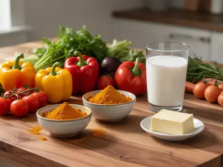Frisches Gemüse, Kurkuma, Milch und Butter auf einem Holztisch als Symbol für optimierte Nährstoffaufnahme. - Foto: über boerse-global.de