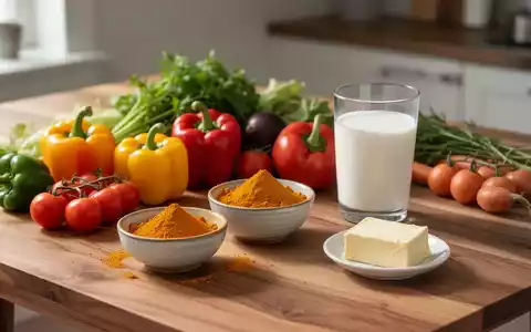 Frisches Gemüse, Kurkuma, Milch und Butter auf einem Holztisch als Symbol für optimierte Nährstoffaufnahme. - Foto: über boerse-global.de