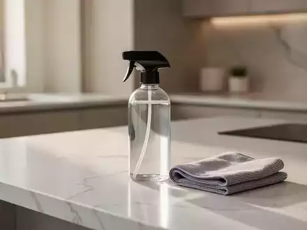 Eine minimalistische Küche mit einer einzelnen Sprühflasche und einem Mikrofasertuch auf einer sauberen Arbeitsfläche. - Foto: über boerse-global.de