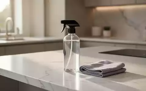 Eine minimalistische Küche mit einer einzelnen Sprühflasche und einem Mikrofasertuch auf einer sauberen Arbeitsfläche. - Foto: über boerse-global.de
