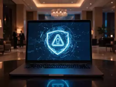 Laptop-Bildschirm in einem Hotel mit einer digitalen Sicherheitswarnung, die vor Cyber-Angriffen in öffentlichen WLANs warnt. - Foto: über boerse-global.de