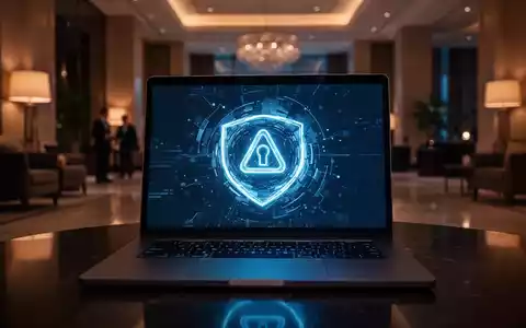 Laptop-Bildschirm in einem Hotel mit einer digitalen Sicherheitswarnung, die vor Cyber-Angriffen in öffentlichen WLANs warnt. - Foto: über boerse-global.de