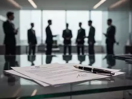 Ein minimalistischer Büroschreibtisch mit Rechtsdokumenten und Füllfederhalter vor einer verschwommenen Bürokulisse. - Foto: über boerse-global.de