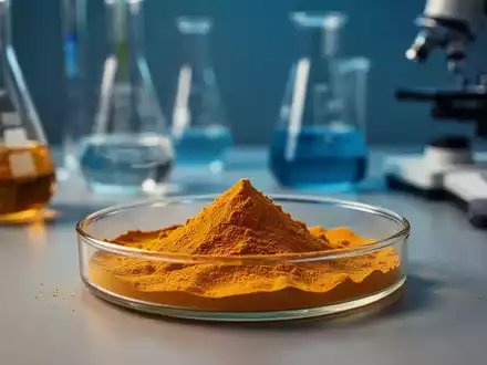 Ein Labor mit einer Petrischale voller Kurkumapulver vor verschwommenen wissenschaftlichen Instrumenten. - Foto: über boerse-global.de