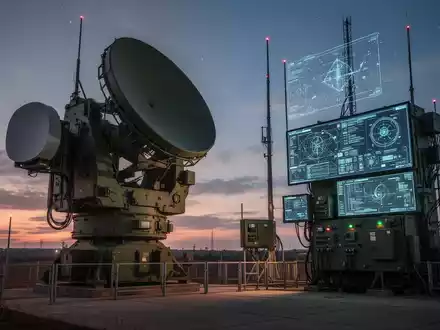 Hochmoderne Radartechnik zur Überwachung des Luftraums vor einem abendlichen Himmel als Symbol für Drohnenabwehr. - Foto: über boerse-global.de