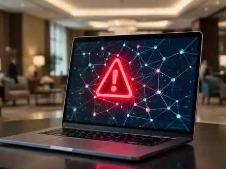 Laptop-Bildschirm mit digitaler Sicherheitswarnung vor unscharfem Hintergrund eines Hotel-Lobbys. - Foto: über boerse-global.de