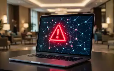 Laptop-Bildschirm mit digitaler Sicherheitswarnung vor unscharfem Hintergrund eines Hotel-Lobbys. - Foto: über boerse-global.de