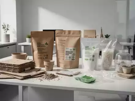 Nachhaltige, umweltfreundliche Verpackungsmaterialien auf einem modernen Schreibtisch zur Visualisierung der EU-Verordnung. - Foto: über boerse-global.de