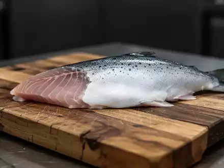 Ein frisches Fischfilet auf einem hölzernen Schneidebrett in einer professionellen Küchenumgebung. - Foto: über boerse-global.de