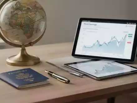 Ein Schreibtisch mit Globus, Reisepass und Finanzgrafik als Symbol für die finanzielle Planung einer Auswanderung. - Foto: über boerse-global.de