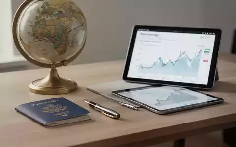 Ein Schreibtisch mit Globus, Reisepass und Finanzgrafik als Symbol für die finanzielle Planung einer Auswanderung. - Foto: über boerse-global.de