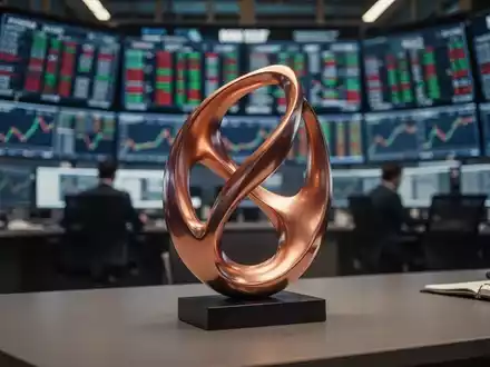 Abstrakte Kupferskulptur auf einem Schreibtisch vor unscharfen Finanzdatenbildschirmen. - Foto: über boerse-global.de