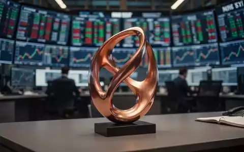 Abstrakte Kupferskulptur auf einem Schreibtisch vor unscharfen Finanzdatenbildschirmen. - Foto: über boerse-global.de