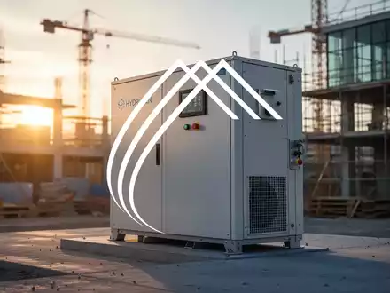 Moderne Wasserstoff-Brennstoffzelle auf einer Baustelle bei Sonnenaufgang als Symbol für nachhaltige Energietechnologie. - Foto: über boerse-global.de