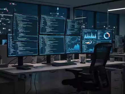 Moderner, schwach beleuchteter Tech-Büroarbeitsplatz mit leuchtenden Monitoren, die Daten zeigen, für Remote-Arbeitskultur. - Foto: über boerse-global.de
