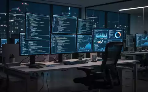 Moderner, schwach beleuchteter Tech-Büroarbeitsplatz mit leuchtenden Monitoren, die Daten zeigen, für Remote-Arbeitskultur. - Foto: über boerse-global.de