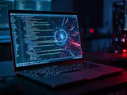 Ein moderner Entwicklerarbeitsplatz mit leuchtendem Laptop-Bildschirm, der Code und Terminal-Befehle anzeigt. - Foto: über boerse-global.de