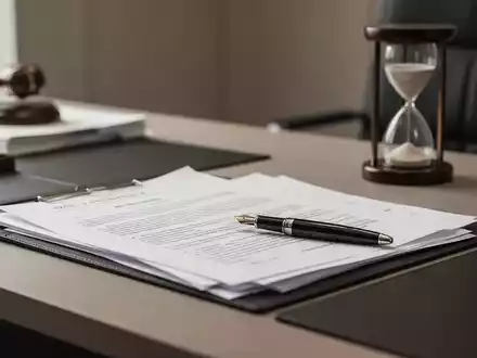 Schreibtisch in einer Anwaltskanzlei mit Dokumenten und einer Sanduhr als Symbol für arbeitsrechtliche Fragestellungen. - Foto: über boerse-global.de