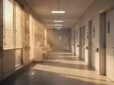 Modernes Klinikflur-Interieur mit warmem Sonnenlicht und Schattenwurf bei sommerlicher Hitze. - Foto: über boerse-global.de