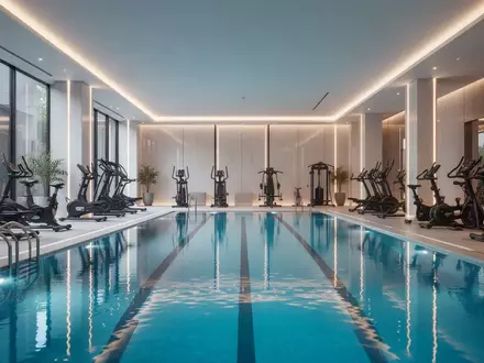 Modernes Boutique-Fitnesskonzept in einem Schwimmbad mit hochwertiger Trainingsausstattung am Beckenrand. - Foto: über boerse-global.de