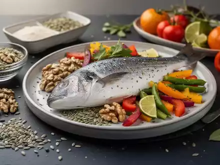 Ein gesundes, mediterranes Gericht mit Fisch, Nüssen und frischem Gemüse auf einem dunklen Untergrund. - Foto: über boerse-global.de