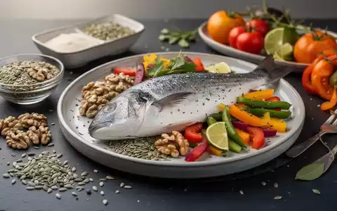 Ein gesundes, mediterranes Gericht mit Fisch, Nüssen und frischem Gemüse auf einem dunklen Untergrund. - Foto: über boerse-global.de