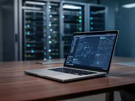 Moderner Büroarbeitsplatz mit Laptop und verschwommenen Server-Racks als Symbol für steigende IT-Kosten. - Foto: über boerse-global.de