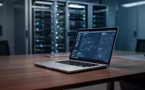 Moderner Büroarbeitsplatz mit Laptop und verschwommenen Server-Racks als Symbol für steigende IT-Kosten. - Foto: über boerse-global.de