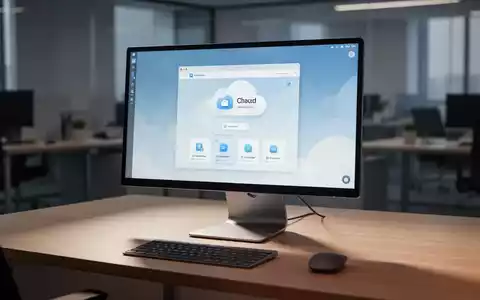 Ein moderner Computerbildschirm auf einem Schreibtisch zeigt eine Cloud-Speicherschnittstelle in einer professionellen Büroumgebung. - Foto: über boerse-global.de