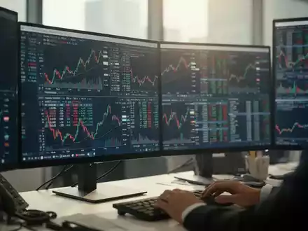 Nahaufnahme eines modernen BĂĽroarbeitsplatzes mit unscharfen Finanzdiagrammen auf einem Monitor. - Foto: ĂĽber boerse-global.de