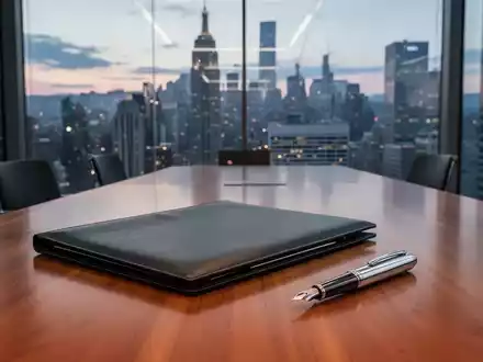Ein minimalistischer Konferenztisch in einem modernen Bürogebäude mit Blick auf das Finanzviertel bei Dämmerung. - Foto: über boerse-global.de