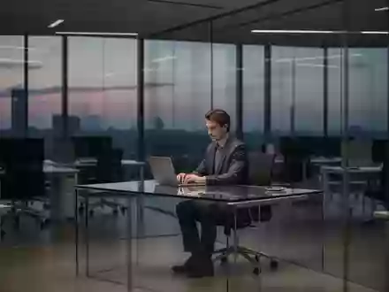Ein einsamer Manager in einem modernen, fast leeren Büro, das den Wandel der Unternehmenskultur durch KI verdeutlicht. - Foto: über boerse-global.de