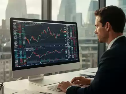 Ein Finanzanalyst betrachtet komplexe Börsendaten an einem modernen Computerarbeitsplatz in einem Büro mit Stadtblick. - Foto: über boerse-global.de