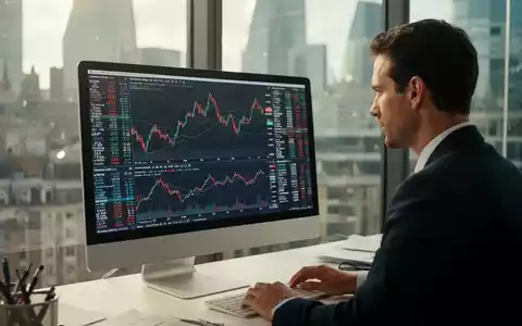 Ein Finanzanalyst betrachtet komplexe Börsendaten an einem modernen Computerarbeitsplatz in einem Büro mit Stadtblick. - Foto: über boerse-global.de